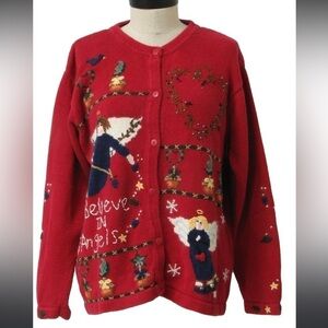 Vintage The Quacker Factory‎ Red Angels Festive Knit Cardigan